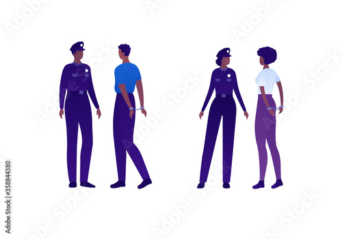 Police security character concept. Vector flat person illustration set. Group of african american people. Man and woman officer with arrested in handcuffs. Design element for banner, infographic, web.