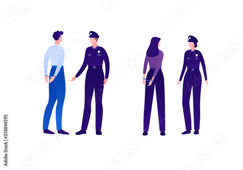 Police security character concept. Vector flat person illustration set. Group of caucasian people. Man and woman officer with arrested in handcuffs. Design element for banner, infographic, web.