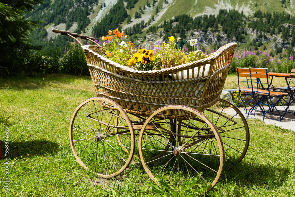 Flowers in an old pram in Engadine-Switzerland