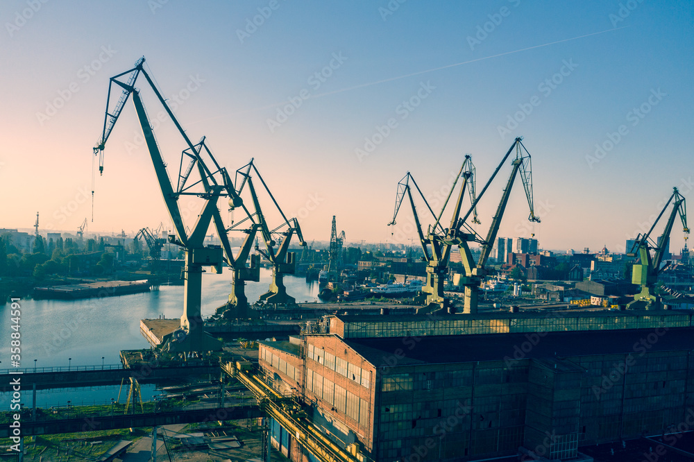 Gdansk Harbor Aerial View. Cranes at the famous shipyard of Gdansk, Pomerania, Poland.