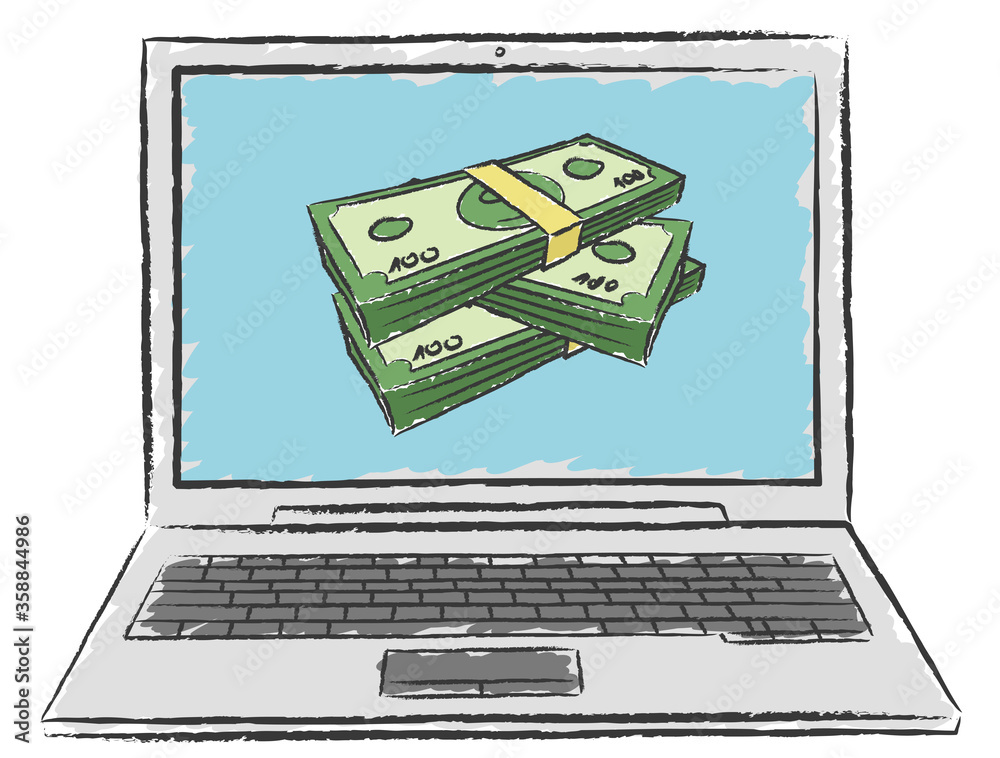 chalk doodle of laptop with with money screen on screen. Vector illustration on transparent background. chalk doodle of laptop with with money screen on screen. Vector illustration on transparent background.