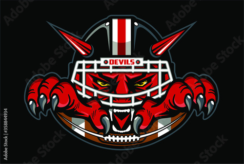 devils football team design with mascot wearing facemask and half ball for school, college or league