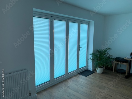 Fotografía patio doors with inset blinds in green with a potted fern plant