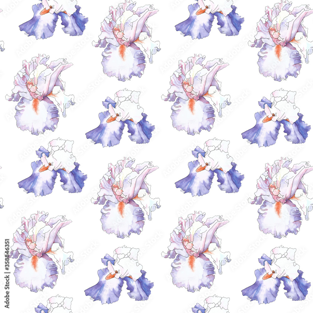 Watercolor pattern of purple irises on a white background.