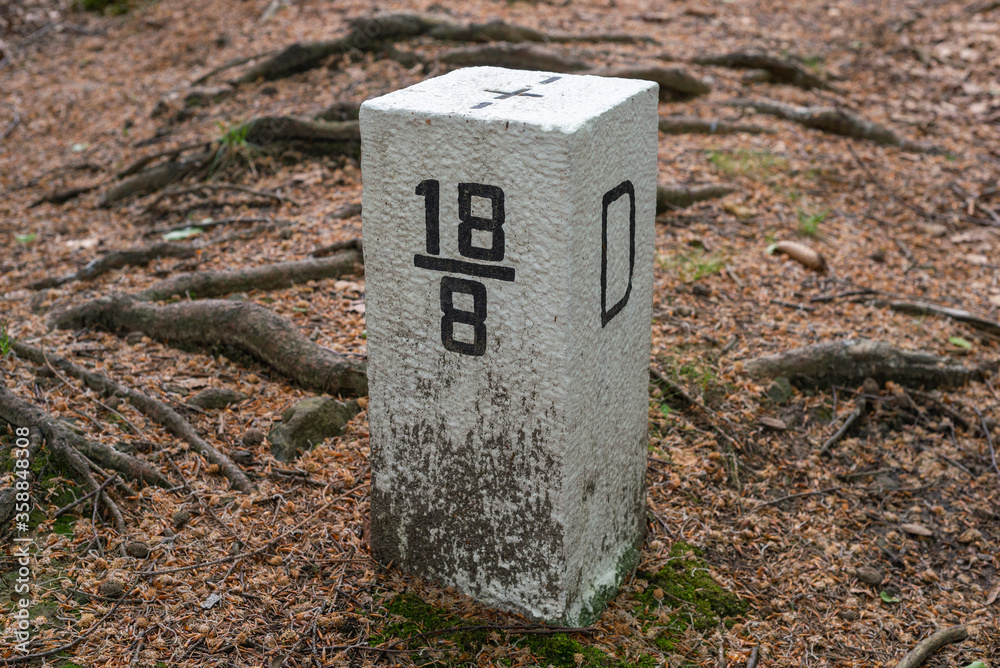 Boundary marker border stone in forest border mountains Boundary marker border stone in forest border mountains