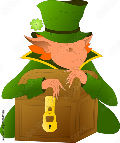 leprechaun in a green suit guards a chest of gold