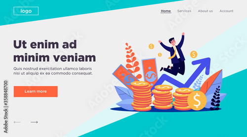 Happy banker jumping over coins flat vector illustration. Cartoon rich businessman celebrating finance growth. Market and income chart concept