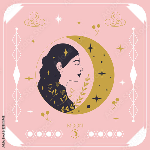 Vector illustration in minimal linear style. Female portrait with the Moon.