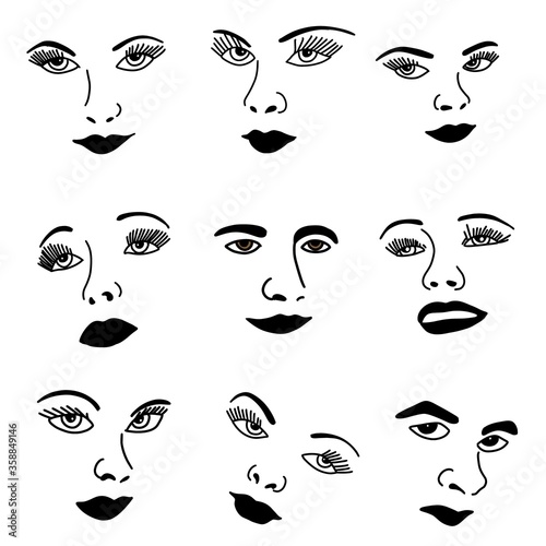 Illustration of Simple Facial Features Human Face silhouette Icon Set