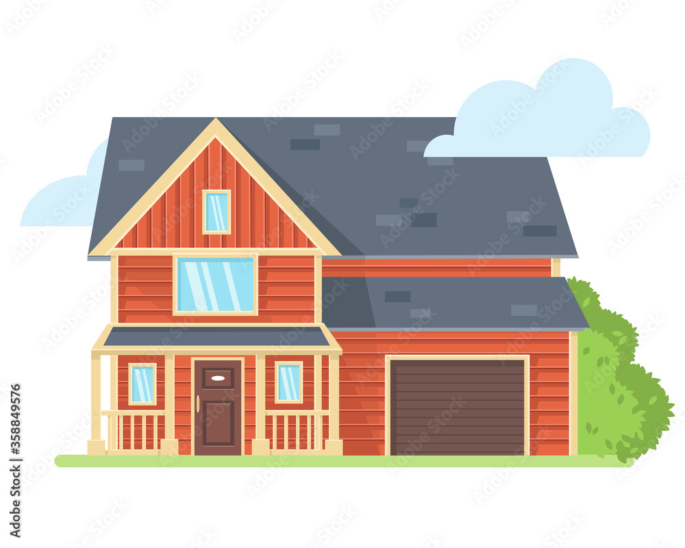 Vector illustration of a suburban siding house. Colorful residential cottage with garage. Isolated on white background. Rustic building. Apartment in country style for design graphic and web. 