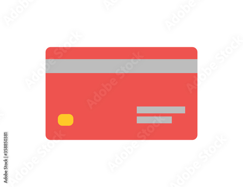 Red credit card template. Vector icon in flat design. Isolated debit shopping card mockup with gold chip on white backdrop