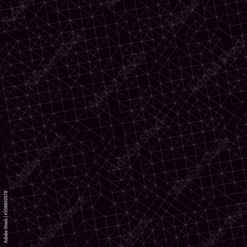 Patrón vectorial geométrico de cuadros y lineas cruzadas en fondo oscuro.