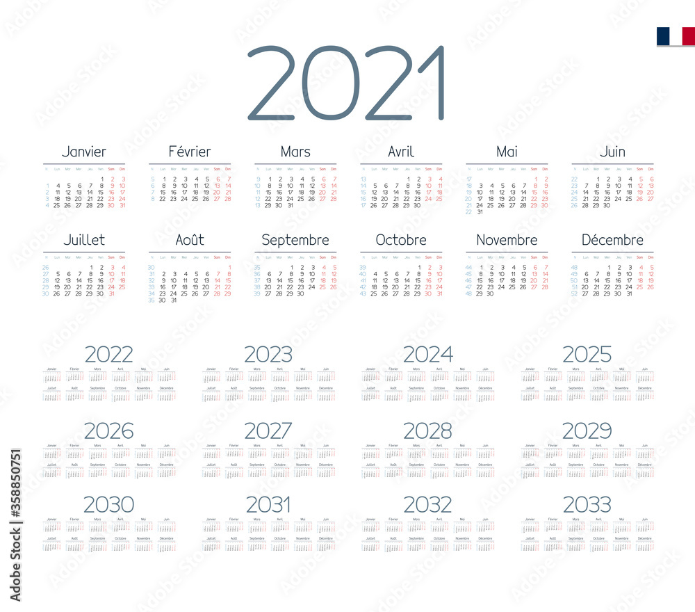 French Calendar for 2021-2033. Week starts on Monday