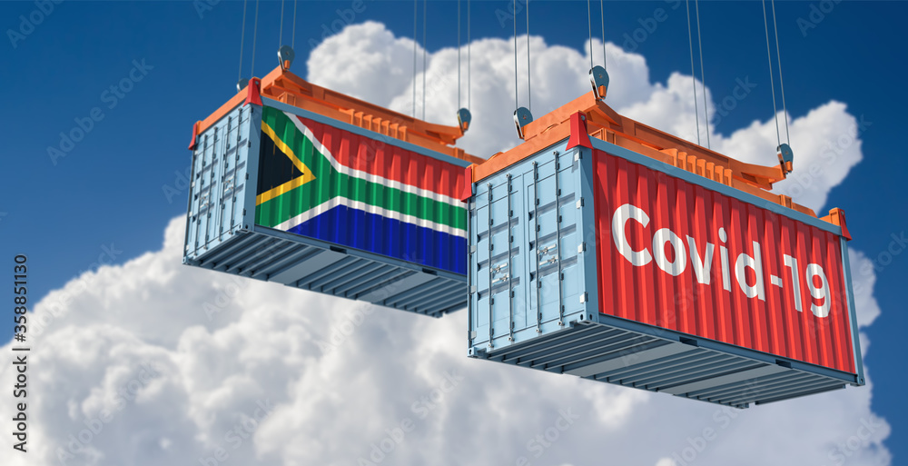 Container with Coronavirus Covid-19 text on the side and container with South Africa Flag. Concept of international trade spreading the Corona virus. 3D Rendering 