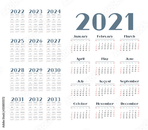 English calendar for years 2021-2033, week starts on Sunday