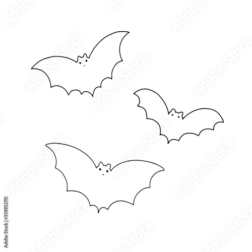 Vector outline illustration of a simple fancy Halloween bats set, isolated object on the white background, clipart useful for halloween party decoration, hand drawn image, cartoon spooky character