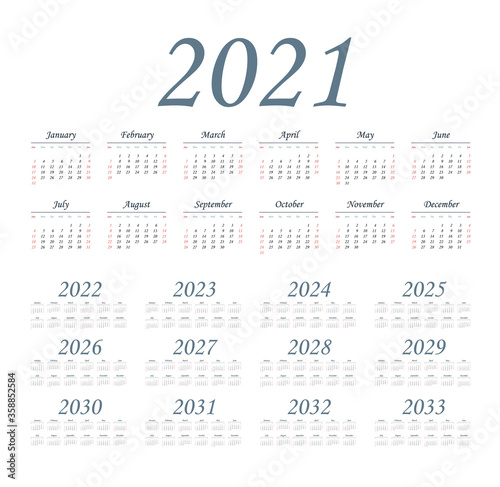 English calendar for years 2021-2033, week starts on Sunday