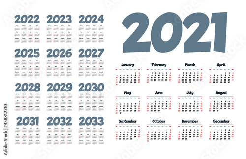 English calendar for years 2021-2033, week starts on Sunday