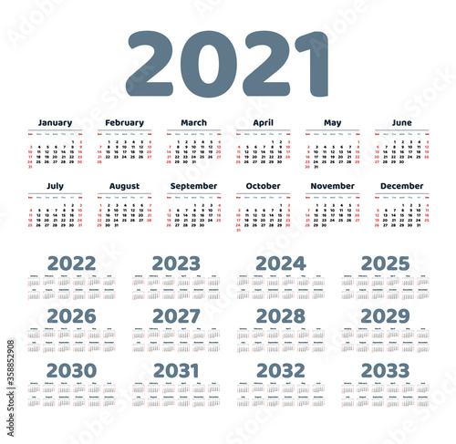 English calendar for years 2021-2033, week starts on Sunday