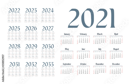 English calendar for years 2021-2033, week starts on Sunday