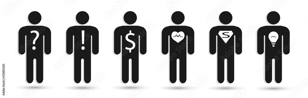 Silhouettes of men: businessman, superman, man with a good heart, brilliant man, doubts, confidence, ideas. Vector illustration Silhouettes of men: businessman, superman, man with a good heart, brilliant man, doubts, confidence, ideas. Vector illustration