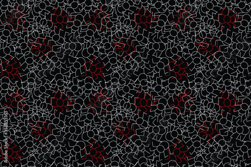 Ant, pattern with white and red ants on a black background. Can be used for patterns of fabric, packaging, design, print.