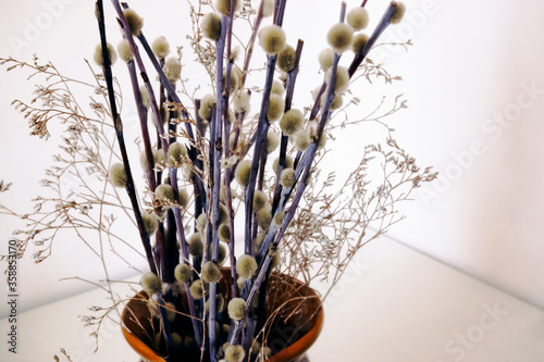 A bouquet of young pussy-willow twigs with fluffy flowers and dry plant branches in a brown glossy clay jug on a white table top on a white wall background.