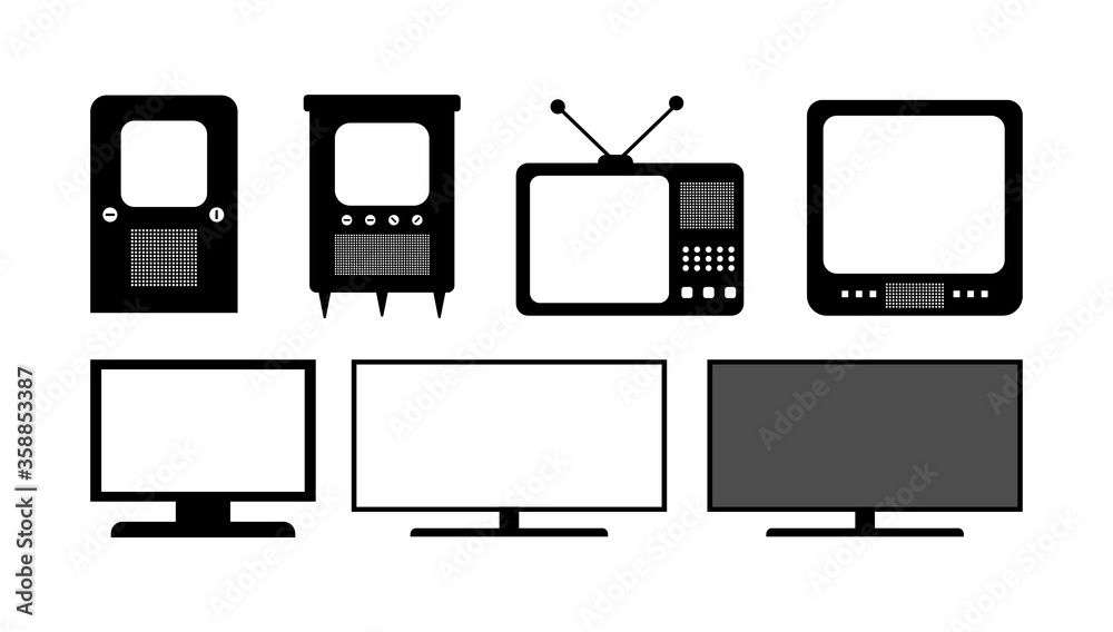 Set of TVs from obsolete to modern. The evolution of television. Vector