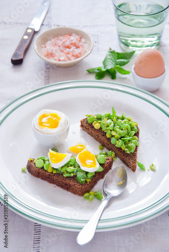 Bruschetta with green peas, mint and egg