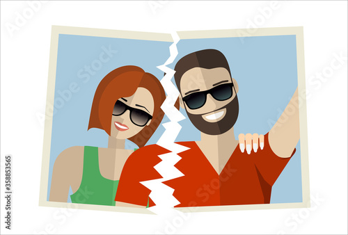Break up. Crisis relationship divorce. Man and woman tore up a group photo as symbol conflict, unhappy love. Vector illustration flat design. Parting couple.