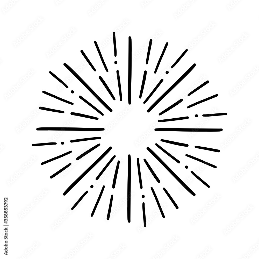 Vintage Sunburst Explosion. Handdrawn Design Graphic Element Fireworks Black Rays Vector