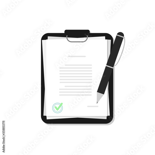 Documents with pen in a flat style. Contract with a stamp. Agreement.