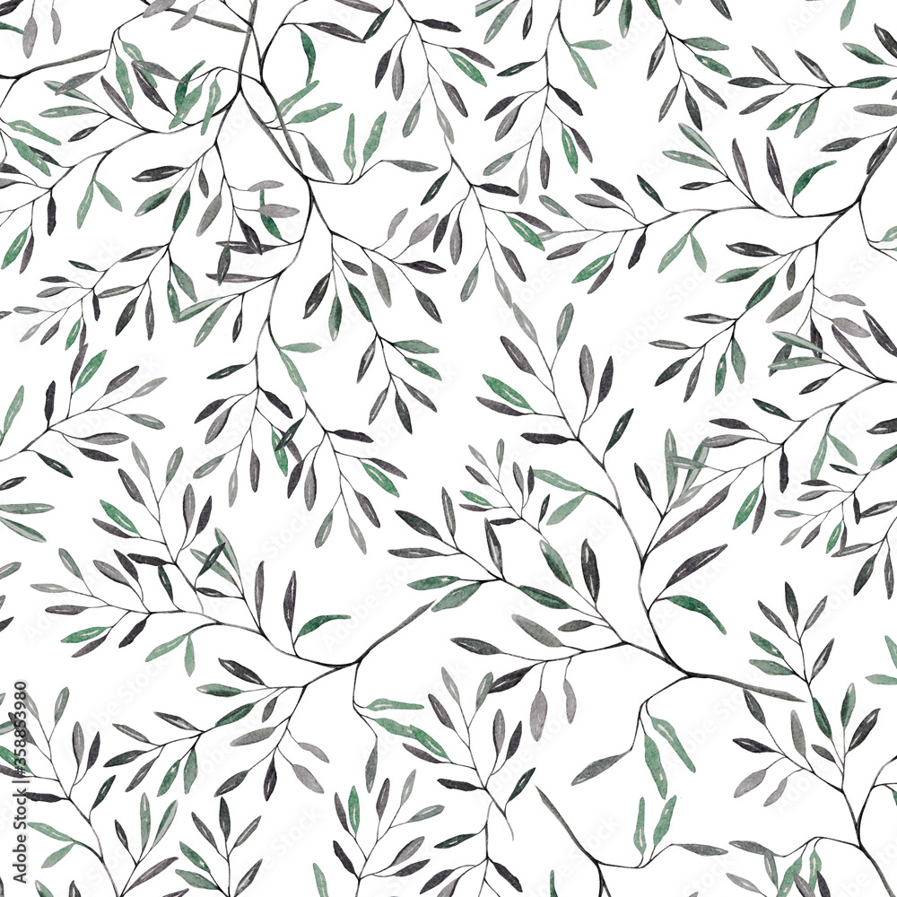 Watercolor pattern with green leaves, background for design 