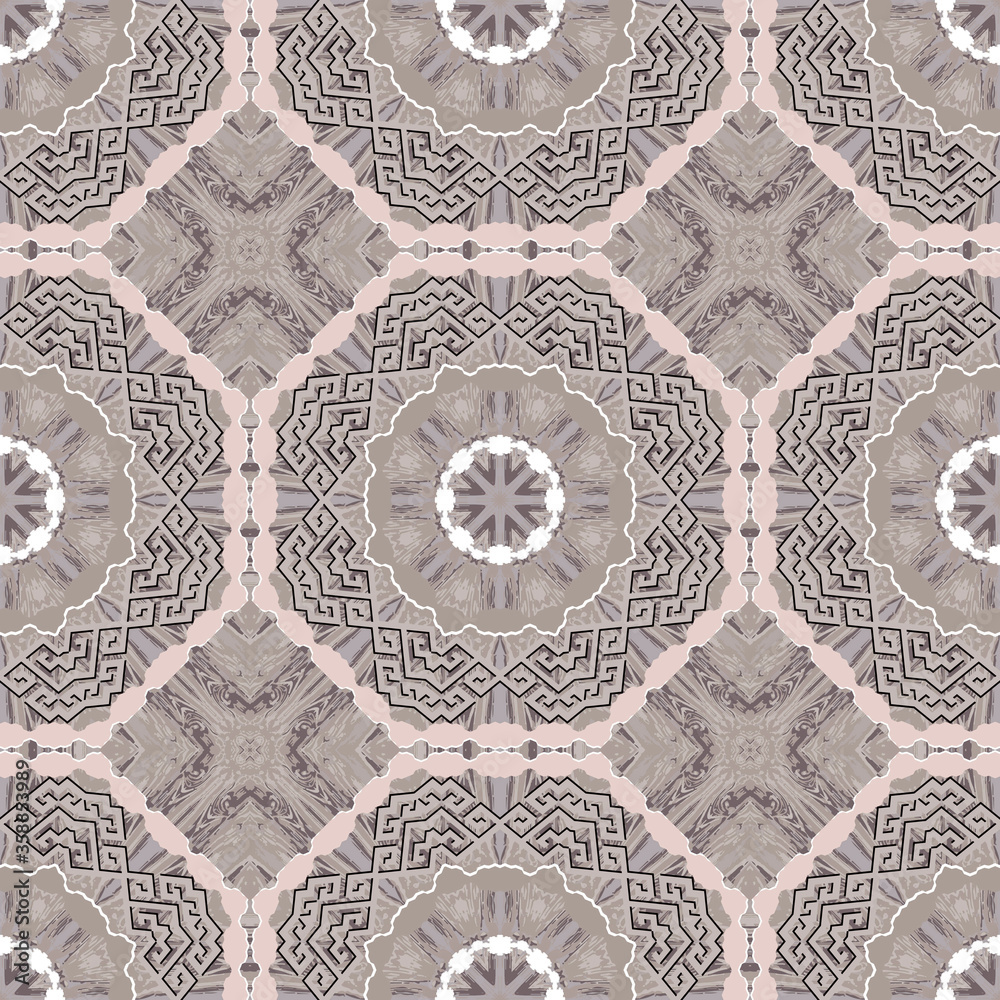 Geometric textured seamless pattern. Greek ornamental vector background. Repeat tribal ethnic backdrop. Abstract modern grunge ornaments. Geometry shapes, hexagon, mandalas, rhombus, frames, meanders