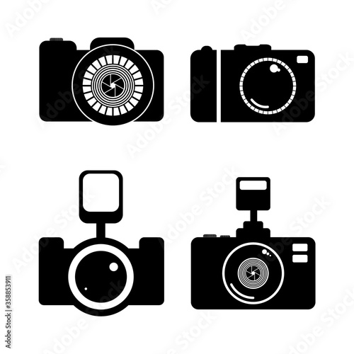 Photo camera black icons. Flash camera. Shooting icons. Vector Icon