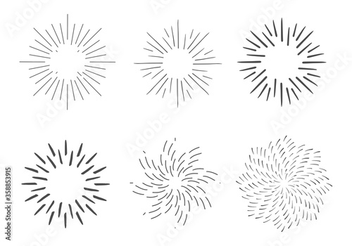 Set of Vintage Sunburst Explosions. Handdrawn Design Graphic Element Fireworks Black Rays Vector