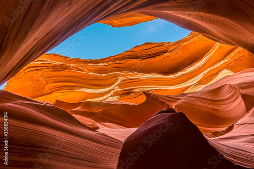 A view of the high level, glowing walls in lower Antelope Canyon, Page, Arizona