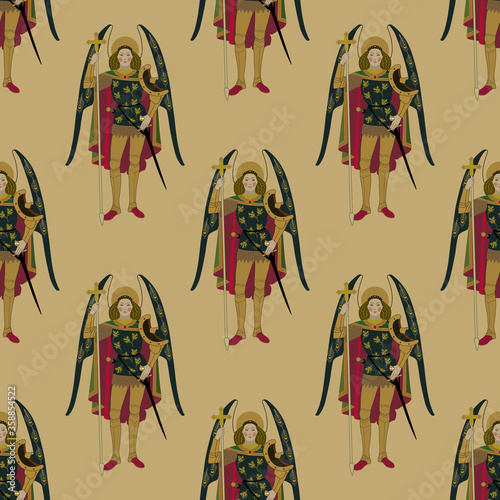 Seamless Christian pattern with images of St. Archangel Michael. Medieval Baroque European art. 