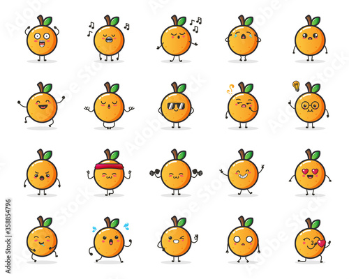 Set of cute orange fruit character in different action emotion for illustration or mascot.