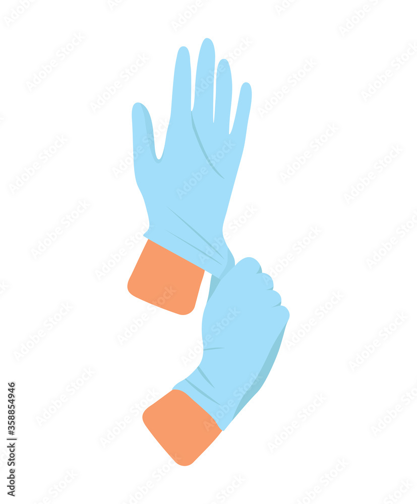 Hands in medical sterile rubber gloves. Illustration of safety measures against covid-19 virus. Person puts on gloves. Hands in medical sterile rubber gloves. Illustration of safety measures against covid-19 virus. Person puts on gloves.