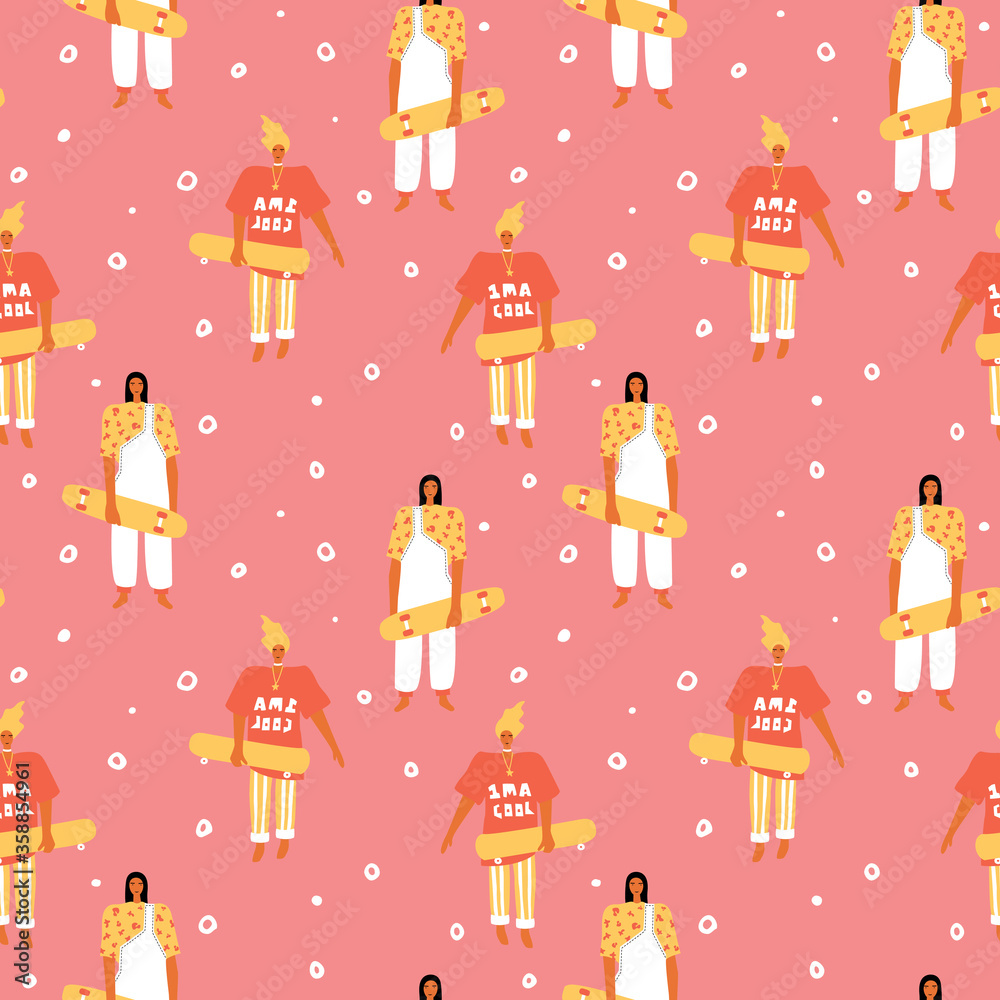 Seamless pattern with women with skateboard. Cool cartoon charcaters in modern clothes.