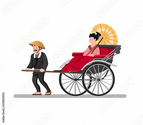 Jinrikisha Traditional Taxi Transportation from Japan, Vintage powered human Carrying Passenger Wear Kimono or Tourist in Cartoon Flat illustration Vector isolated in White Background