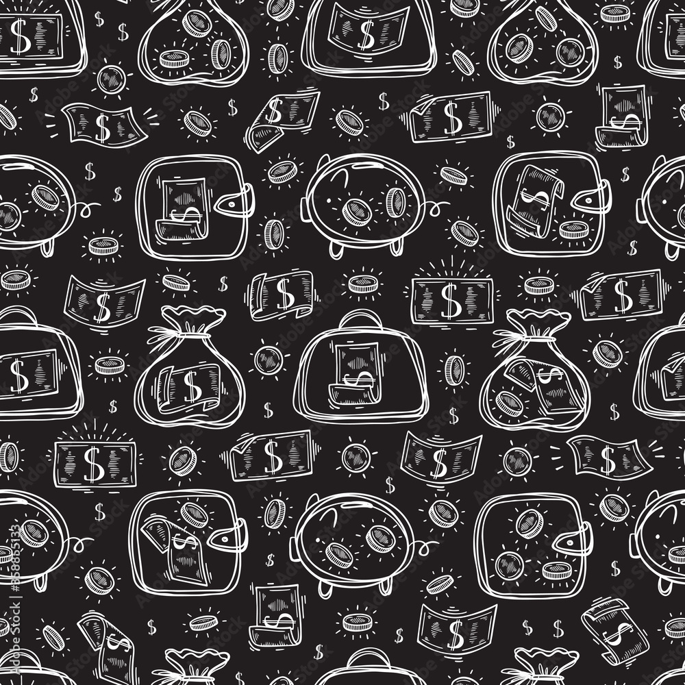 Financial, Business and Wealth Symbols Background. Money Icons Vector Seamless Pattern. Hand drawn Doodle Briefcase, Wallet, Money Bag, Piggy with Dollar Banknotes and Coins.
Financial, Business and Wealth Symbols Background. Money Icons Vector Seamless Pattern. Hand drawn Doodle Briefcase, Wallet, Money Bag, Piggy with Dollar Banknotes and Coins.