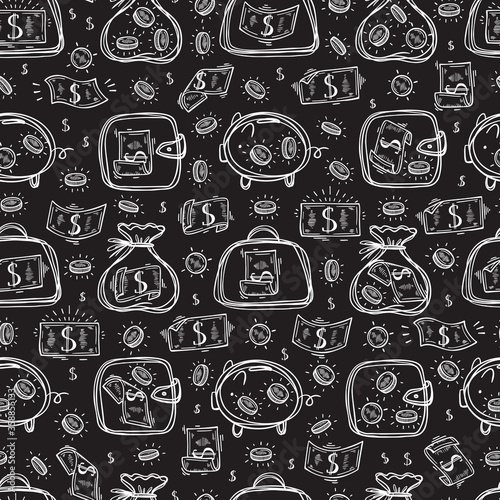 Financial, Business and Wealth Symbols Background. Money Icons Vector Seamless Pattern. Hand drawn Doodle Briefcase, Wallet, Money Bag, Piggy with Dollar Banknotes and Coins.
