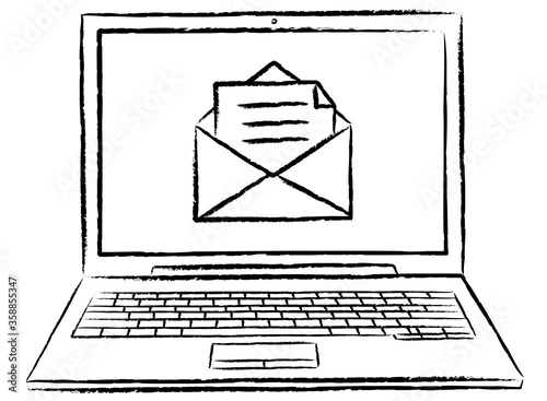 black and white doodle of laptop with email message