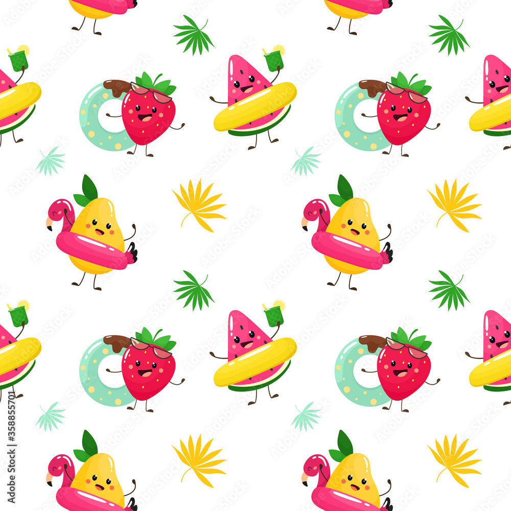 Seamless pattern with cute fruits. Tropical fruits, summer pattern. Vector illustration in cartoon flat style.