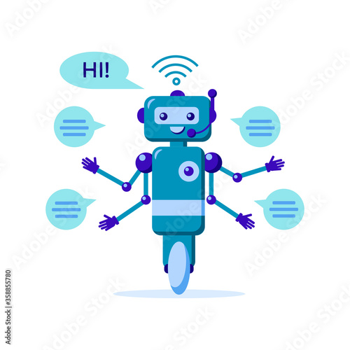 Chatbot with speech bubble isolated on white background. Chatbot business concept. Cute robot icon for support service. Vector flat illustration. Design for banner, landing page, site.
