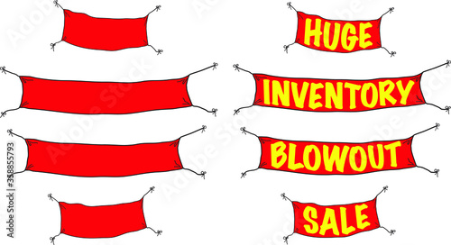 Vector illustration of fabric banners with tie offs. Cartoon style sales banners. Huge inventory blowout sale announcement.