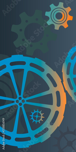 Image of gears on a dark background. Gears of different sizes and shapes. It can be used for printing leaflets, booklets, brochures, business cards, postcards, packaging paper.