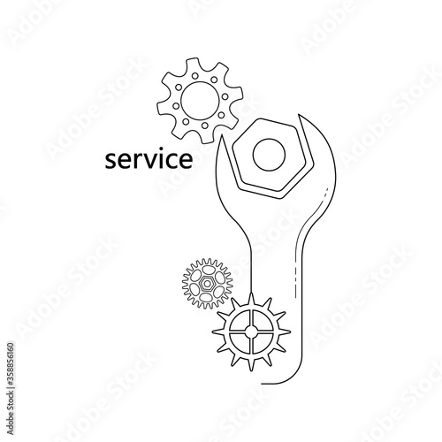 Linear image of cogwheels and spanner. Isolated vector elements on a white background. The concept of repair, service, customer orientation. You can use it to print business cards, leaflets, booklets.